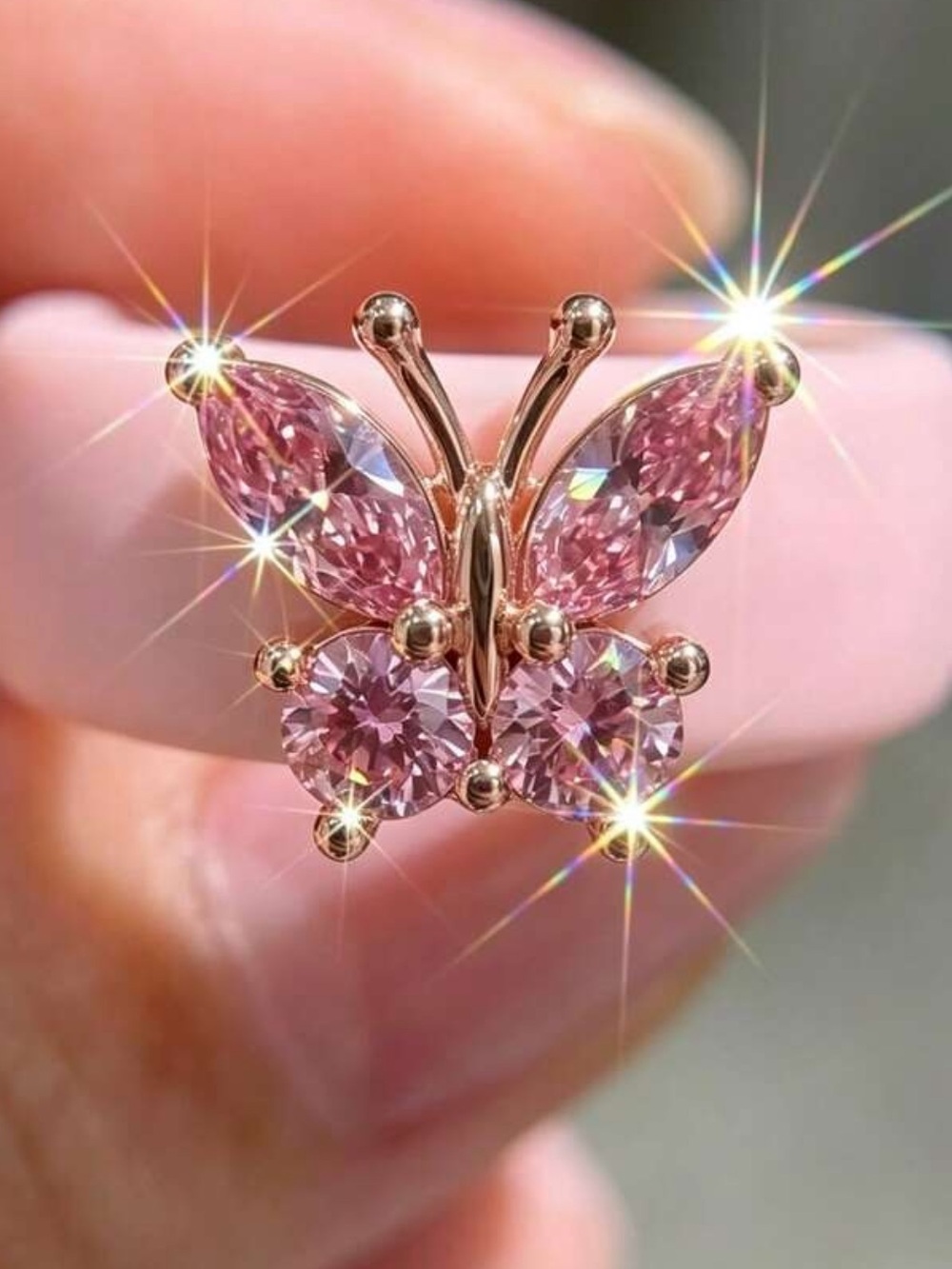 Pink Crystal Butterfly Stud Earrings - Rose Gold